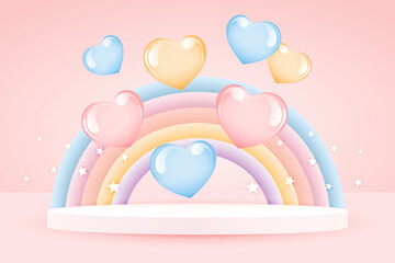 3d baby shower, rainbow and podium with balloons and stars on a pale pink background, childish design in pastel colors. Background, backdrop illustration, vector