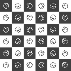Seamless pattern, cat and dog footprints on a checkered background. Black and white simple design. Print, background, wallpaper, vector