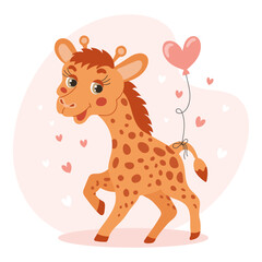 Cute cartoon little giraffe character with a balloon on his tail with hearts. Illustration in flat style. Baby print, card. Vector