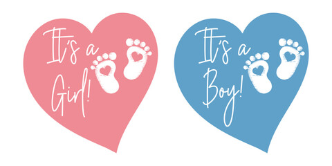 Baby footprints in a  hearts. Red and blue symbol of newborn girls and boys in the heart. Set of icons, stickers, vector