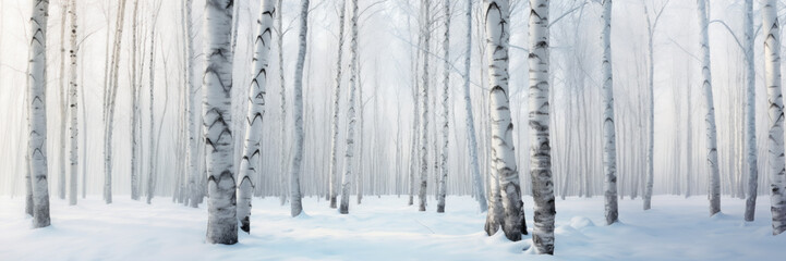 Panorama of  snow covered birch trees forest in misty winter day