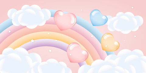 Rainbow with clouds and balloons on the starry sky, children's design in pastel colors. Background, 3d baby shower, illustration, vector. © Tatiana