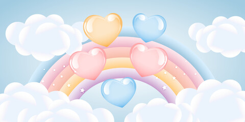 Rainbow with clouds and balloons on the starry sky, children's design in pastel colors. Background, 3d baby shower, illustration, vector.