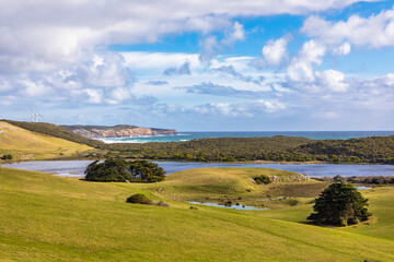 Australian green fields along the Great Ocean Road heading to Adelaide and to Kangaroo Island,...