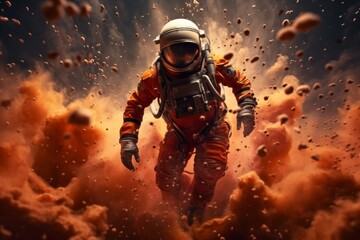 Naklejka premium An astronaut in space boots leaps out of orange smoke.