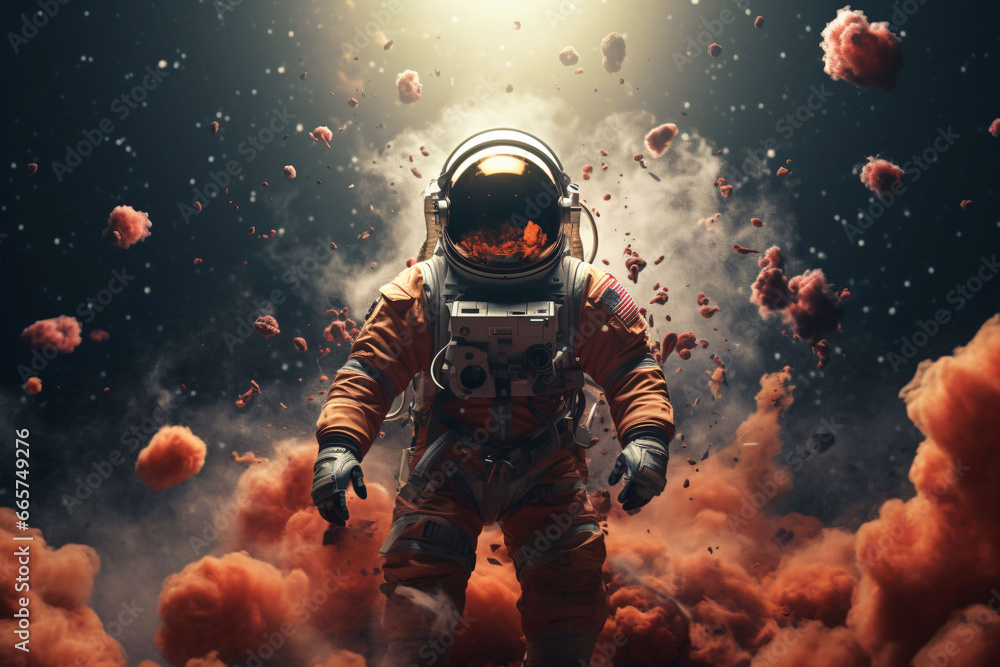 Wall mural an astronaut is standing in space surrounded by glowing smoke