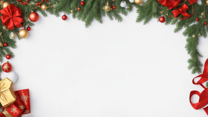 BLANK BACKGROUND WITH PINE BRANCHES, CHRISTMAS BALLS, GIFTS AND RIBBONS IN RED COLOR.