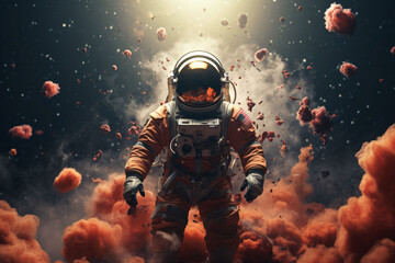 an astronaut is standing in space surrounded by glowing smoke - obrazy, fototapety, plakaty