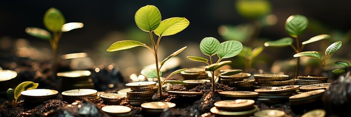 conceptual photography of green sprouts growing from coins, metaphorically depicting the wise cultivation and growth of wealth over time. Ai generated - obrazy, fototapety, plakaty