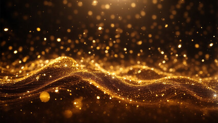 Fototapeta na wymiar Golden particles wave flow with bokeh light effect abstract background