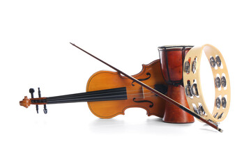 Different musical instruments on white background