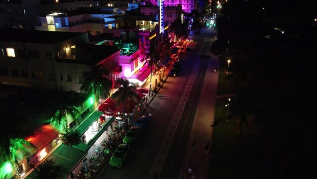night city street miami south beach ocean drive aerial view