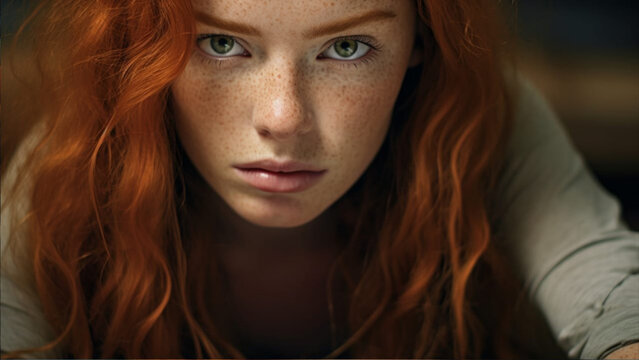 a beautiful redhead and freckled girl reading a book, detailed portrait