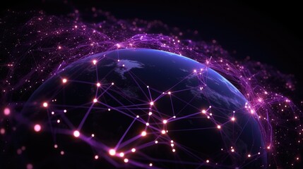 Connection lines glow light around the Earth's surface, future technology background.