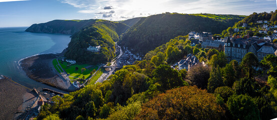 Fototapeta na wymiar Aerial view of Lynton, a town on the Exmoor coast in the North Devon district in the county of Devon, England