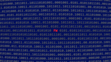 Cyber attack fw. Vulnerability text in binary system ascii art style, code on editor screen. Text in English, English text