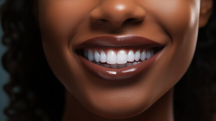 Close-up Perfect Snow-White Smile of an American African Woman. Dental Health and Dentistry Concept