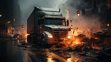 a harrowing moment captured in time: the immediate aftermath of a truck's devastating collision, amidst shattered glass and twisted metal. Ai Generated - obrazy, fototapety, plakaty