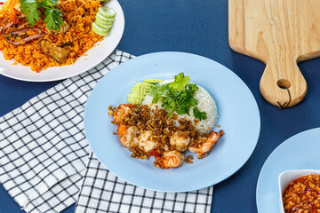 Homemade  stir-fried shrimp with garlic and shrimp paste rice bowl