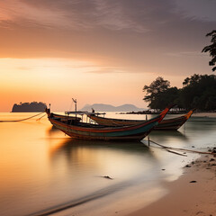 Serenity Unveiled: A Soft Focus Long Exposure Capture of Traditional Thai Boats at Rest, Anchored Near the Shoreline, bathed in the Warm-Toned Embrace of a Koh Mak Beach Sunset