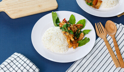 Crispy Chicken with Holy Basil with rice - Asian local street food style - Thai local food style