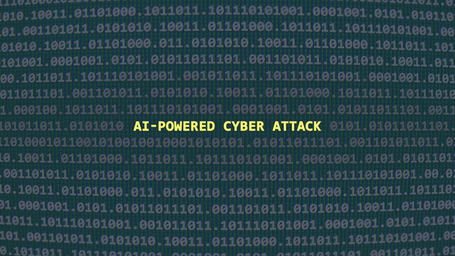 Ai-powered cyber attack. Vulnerability text in binary system ascii art style, code on editor screen. Text in English, English text