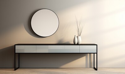 Photo of a minimalist black table with a stylish vase and a sleek round mirror on top
