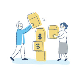 シニアカップルがドルを積み上げているイメージ