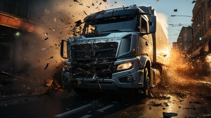 a harrowing moment captured in time: the immediate aftermath of a truck's devastating collision, amidst shattered glass and twisted metal. Ai Generated - obrazy, fototapety, plakaty