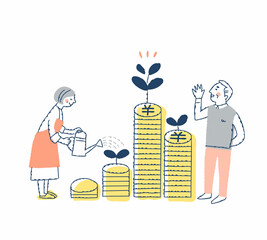 シニアカップルがお金をコツコツと増やしているイメージ