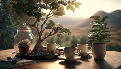Coffee plant and coffee cups on top table morning - obrazy, fototapety, plakaty