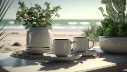 Coffee plant and coffee cups on top table morning