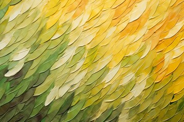 油絵背景バナー）黄色とオリーブグリーンの抽象的な魚の鱗風の柄