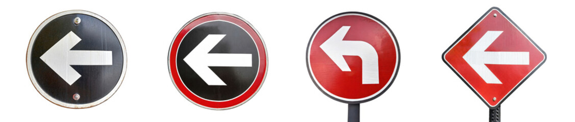 Set of right or left turn road traffic warning signposts with red and black road sign colors, isolated on a transparent background. PNG, cutout, or clipping path.