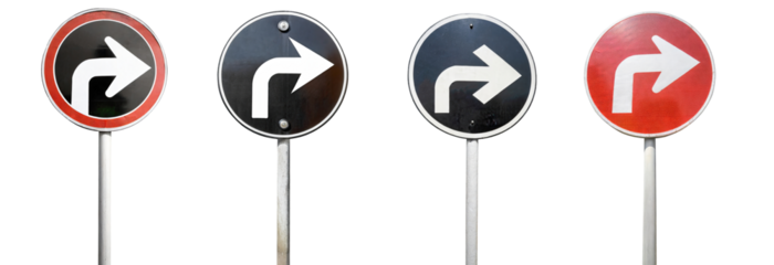 Set of right or left turn road traffic warning signposts with red and black colors, isolated on a transparent background. PNG, cutout, or clipping path.