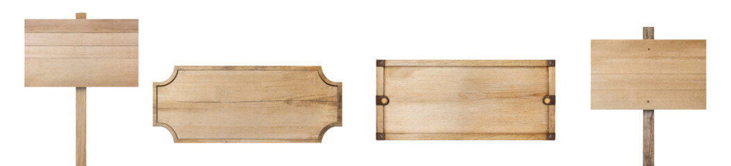 Set of wooden empty planks, boards, billboards, plaques, signposts, placards, or signposts, isolated on a transparent background. PNG, cutout, or clipping path.