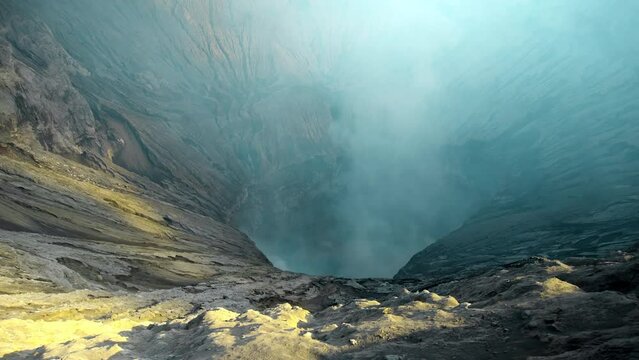 Video of the steaming active volcano crater of the Bromo on the Java island