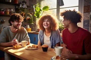 A diverse group of friends, both men and women, sit at a cafe table, smiling, chatting, and enjoying hot drinks.
