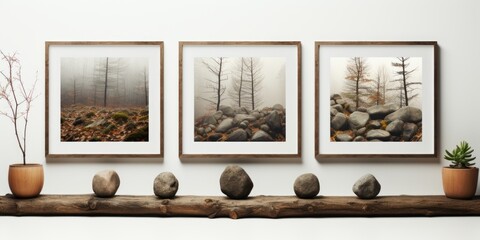 A group of rocks sitting on top of a wooden shelf.