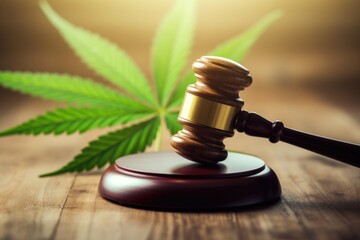 Obraz premium A wooden gavel sitting on top of a wooden table. Legalization of marijuana concept.