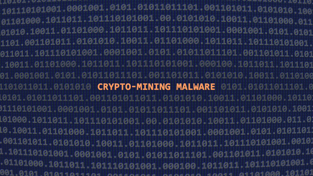 Cyber attack crypto-mining malware. Vulnerability text in binary system ascii art style, code on editor screen. Text in English, English text
