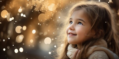 Obraz na płótnie Canvas Captivating Christmas Wonder: Enchanting Girl Admiring Magical Bokeh and Light Particles for Festive Card