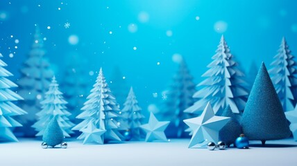 Fototapeta premium Charming Blue Winter Wonderland: Origami Christmas Tree and Snowflakes on a Merry Paper Background