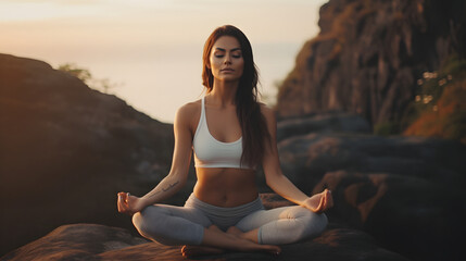 Fototapeta na wymiar Woman doing yoga on a mountain during sunrise