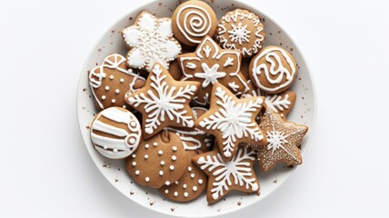 Fototapeta premium Delectable Holiday Treats: Top View of White Plate Filled with Festive Christmas Gingerbread Cookies