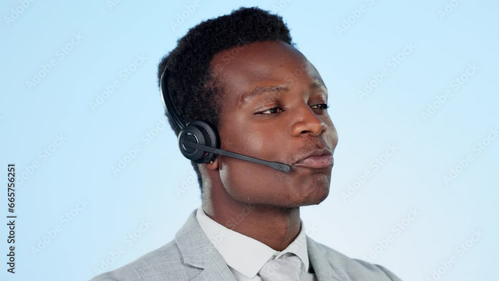 Poster call center, studio or black man in communication, speaking or talking to help in customer services.