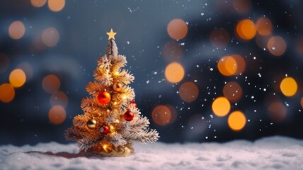 Fototapeta na wymiar Festive and Cheerful Miniature Christmas Tree Standing in Snow at Night - Christmas is Coming Inspiration in White Background