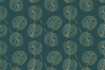 Green vector seamless botanical pattern with golden monstera leaves. Pattern for textiles, wrapping paper, wallpaper, covers, backgrounds.