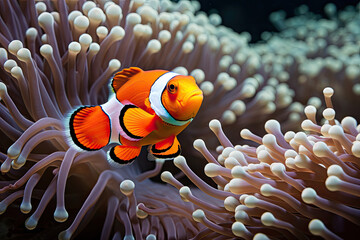 Fototapeta na wymiar A Playful Clownfish Dances Amongst the Graceful Tentacles of a Colorful Anemone
