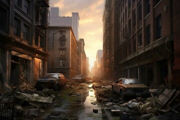 High-resolution wallpaper featuring a deserted city street surrounded by buildings. Generative AI
